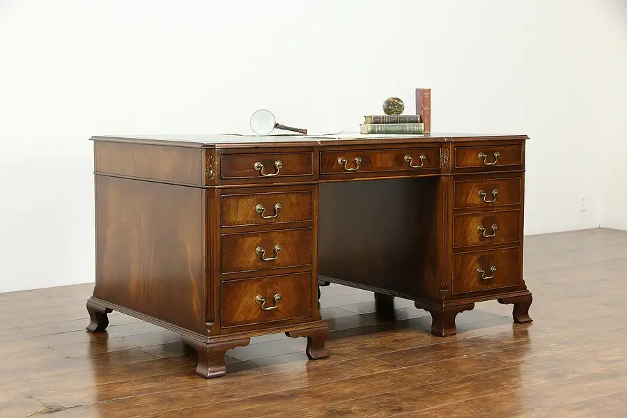 Main image of Traditional English Vintage Mahogany Partner Desk, Gold Tooled Leather