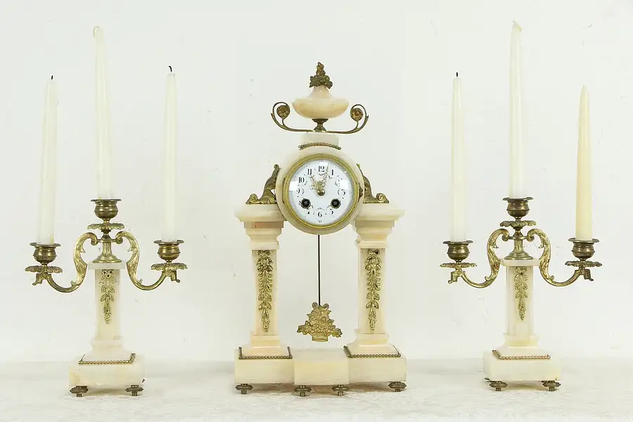 Main image of French Antique Onyx & Bronze Mantel Clock & Candelabra 3 Pc Set