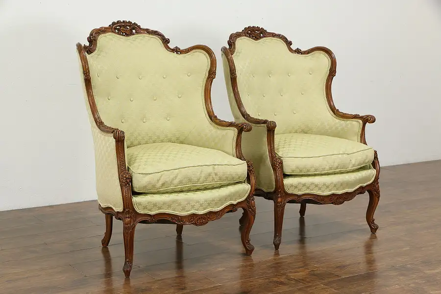 Main image of Pair of French Style Vintage Carved Music Room Wing Chairs