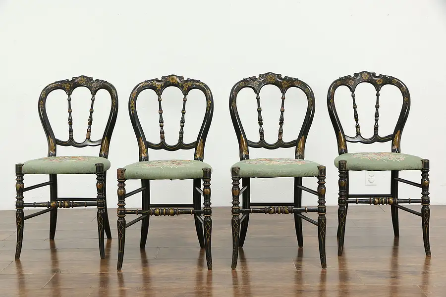 Main image of Victorian Set of 4 Antique Hand Painted Chairs, Petit Point Upholstery