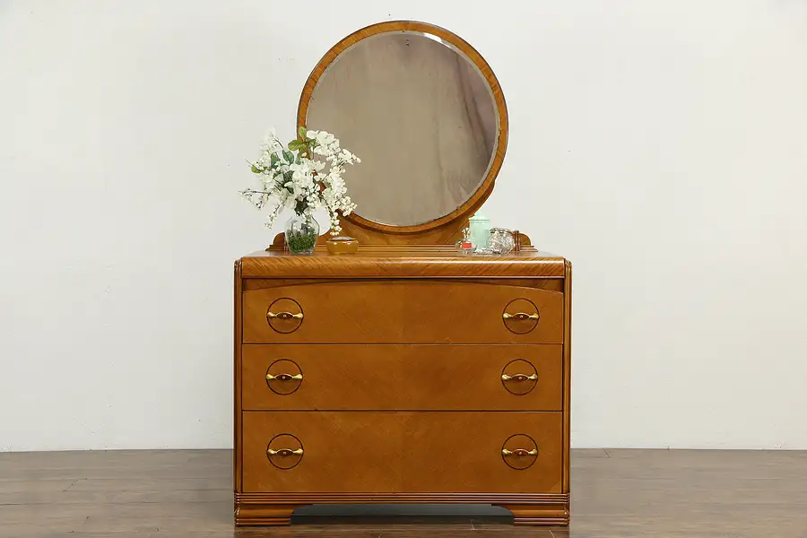 Main image of Art Deco Waterfall Design Vintage Chest or Dresser, Beveled Mirror