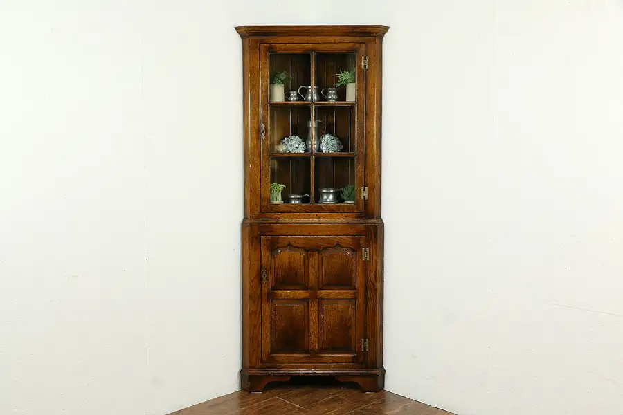 Main image of Oak Vintage English Farmhouse Cupboard Corner Cabinet, Raised Panels