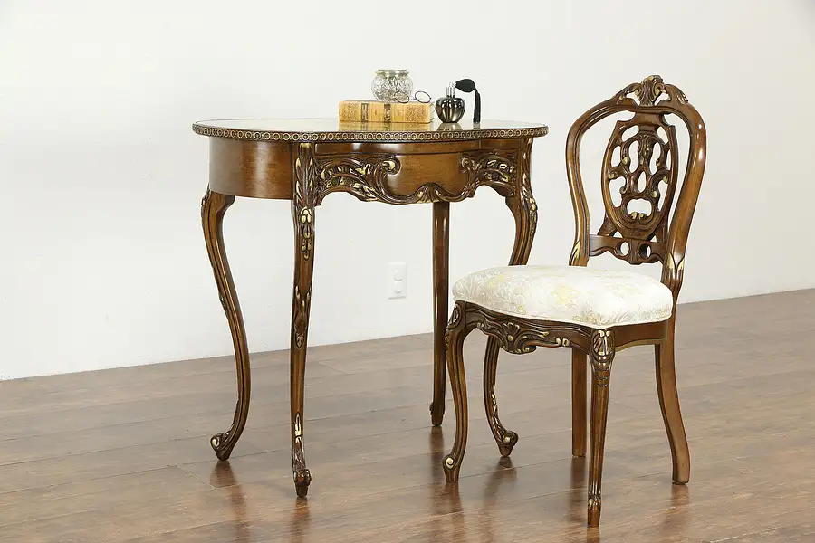 Main image of French Style Carved Fruitwood Vintage Kidney Desk & Chair Set, Majestic