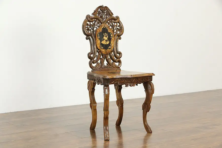 Main image of Black Forest Antique Carved Deer Marquetry Chair, Secret Compartment