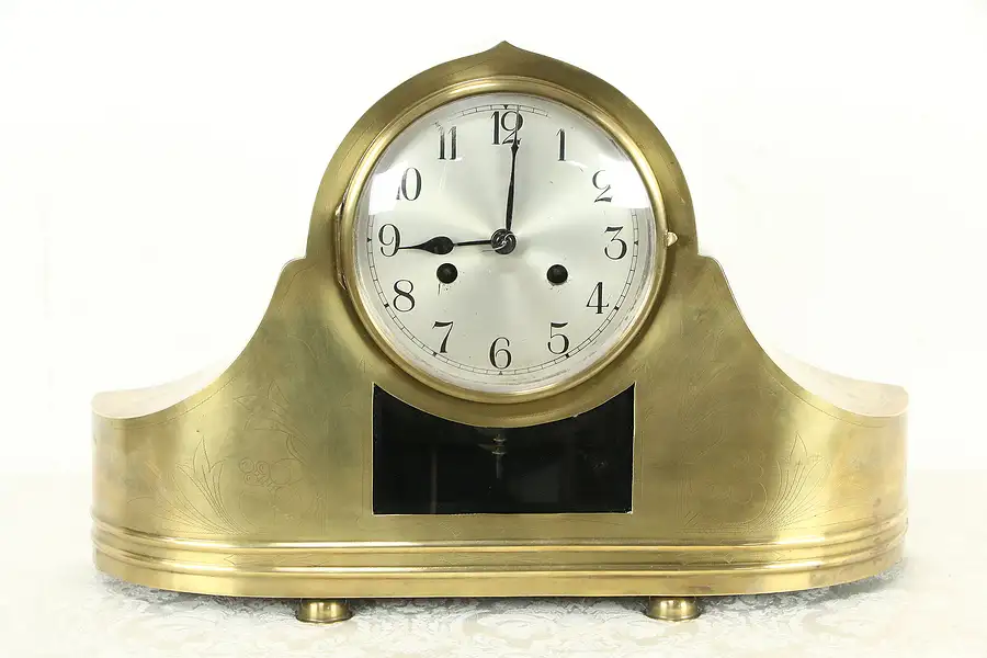 Main image of Engraved Bronze Case Antique 1900 Mantel Clock, Hour & Half Strike