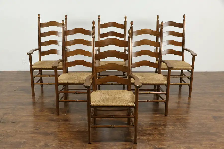 Main image of Set of 6 Vintage Cherry Ladderback Farmhouse Arm Chairs, Rush Seats