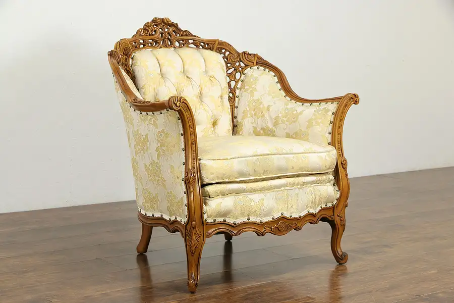 Main image of French Style 1940's Vintage Tufted Chair, Carved Vines & Roses