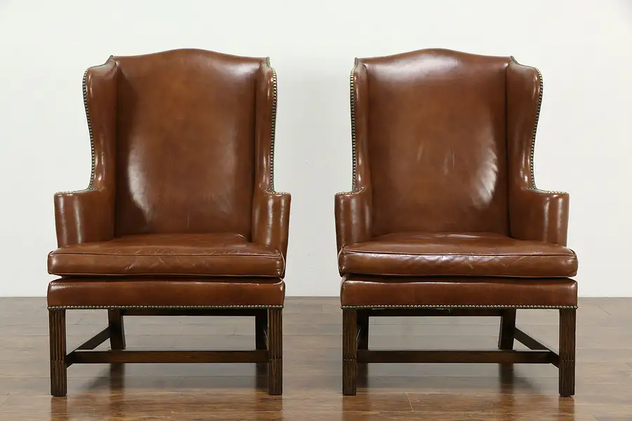 Main image of Pair of Leather Wing Chairs, Brass Nailheads, Signed Kittinger 1973