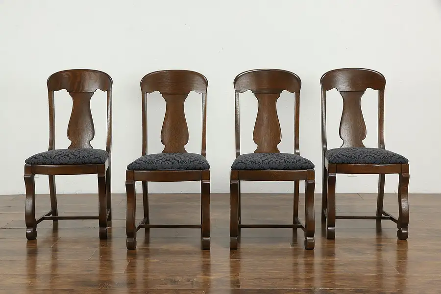 Main image of Set of 4 Empire Antique Quarter Sawn Oak Dining Chairs, New Upholstery