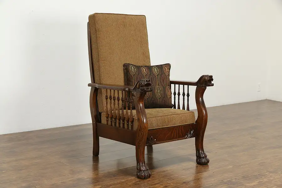 Main image of Victorian Antique Oak Morris Recliner Chair, Royal, Carved Lions & Paws