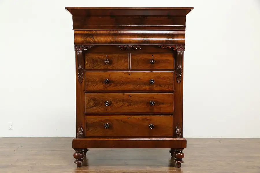 Main image of Scottish 1860 Antique Flame Grain Mahogany Tall Chest, Secret Drawer