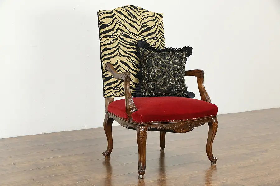 Main image of French Large Antique Carved Beech Chair, Tiger Stripe & Mohair Upholstery