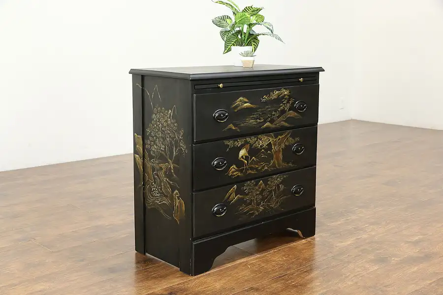 Main image of Chinese Style Hand Painted Lacquer Vintage Chest with Shelf