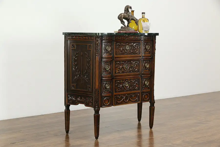 Main image of Marble Top Hall Console Cabinet or Chest, 1920's Carved Walnut Colby