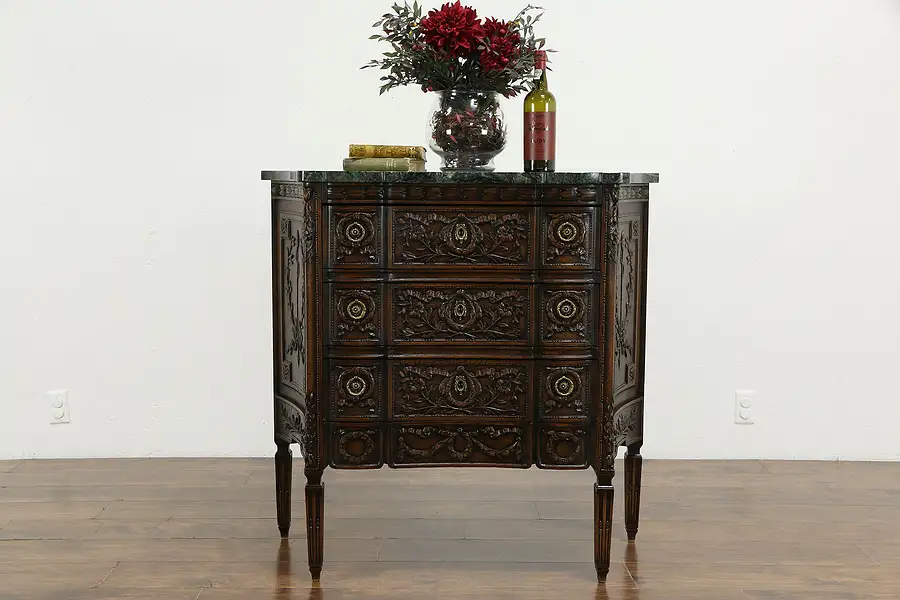 Main image of Marble Top Hall Console Cabinet or Chest, 1920's Carved Oak, Colby