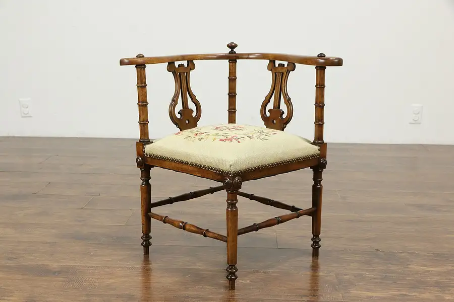 Main image of Victorian Antique 1900 Mahogany Corner Chair, Needlepoint & Petit Point