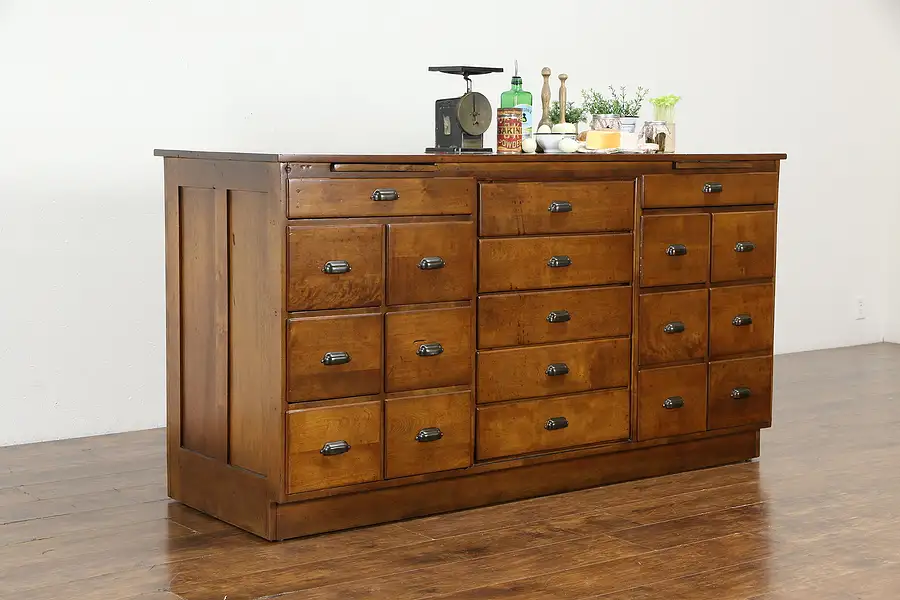 Main image of Farmhouse Antique Kitchen Pantry 19 Drawer Maple Island Cabinet, Counter