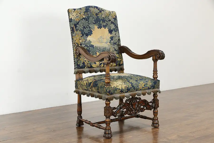 Main image of French Antique Fruitwood Chair, Carved Paw Feet, Needlepoint Tapestry