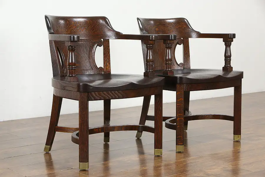 Main image of Pair of Oak Quarter Sawn Antique Banker, Office or Library Desk Chairs