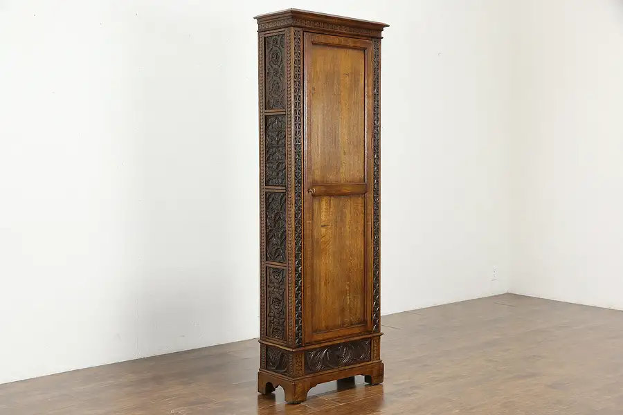 Main image of Oak Hand Carved Antique Belgian Narrow Cabinet or Chimney Cupboard