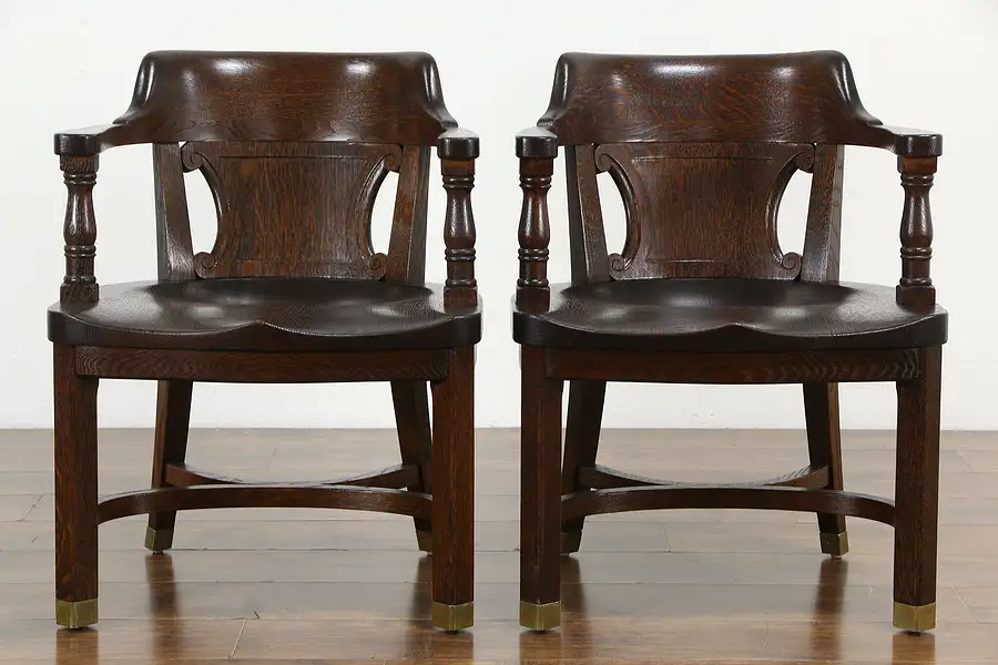 Main image of Pair of Oak Quarter Sawn Antique Banker, Office or Library Desk Chairs