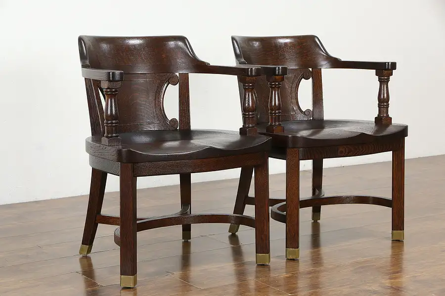 Main image of Pair of Oak Quarter Sawn Antique Banker, Office or Library Desk Chairs