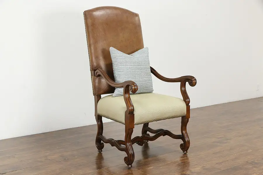 Main image of Leather Large Carved Fruitwood Vintage Chair, Ralph Lauren