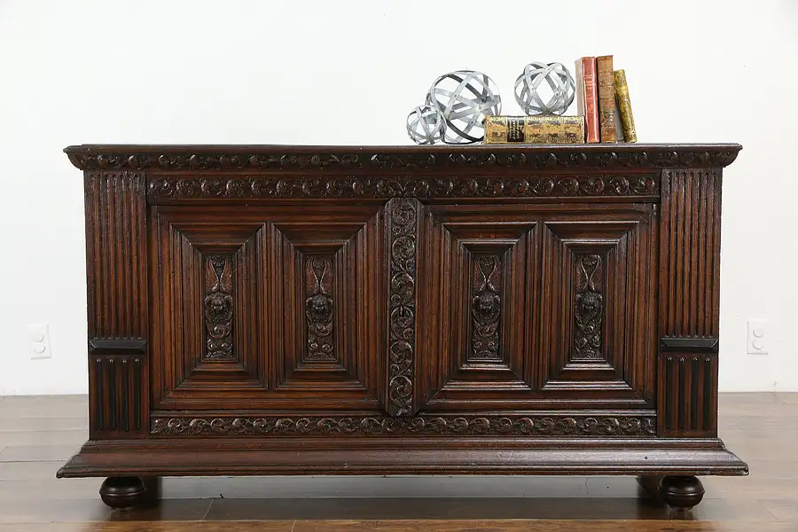 Main image of Oak Antique French Farmhouse Dowry Cabinet or TV Console, Carved Angels