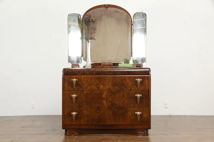 Main image of Art Deco Waterfall 1935 Vintage Dresser, Triple Mirror, Bakelite, Albert