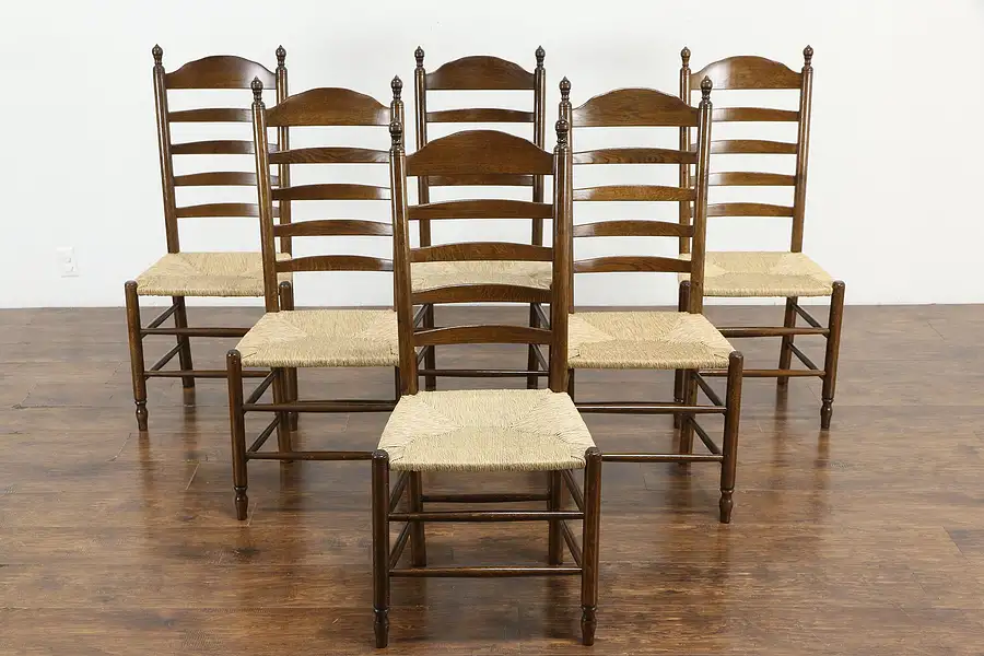 Main image of Set of 6 Farmhouse Oak Rush Seat Vintage Ladder Back Dining Chairs