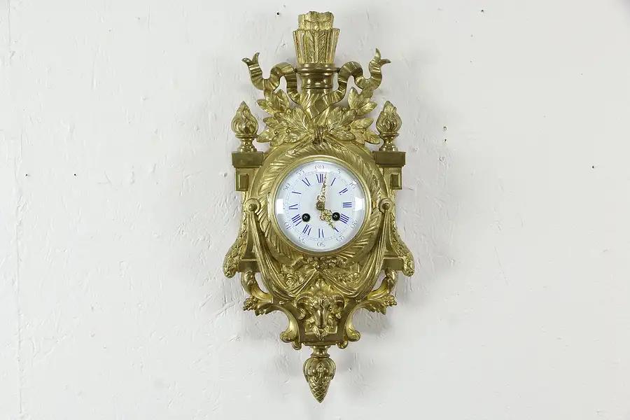 Main image of Bronze Case Antique French Wall Clock, Porcelain Dial, Japy Freres