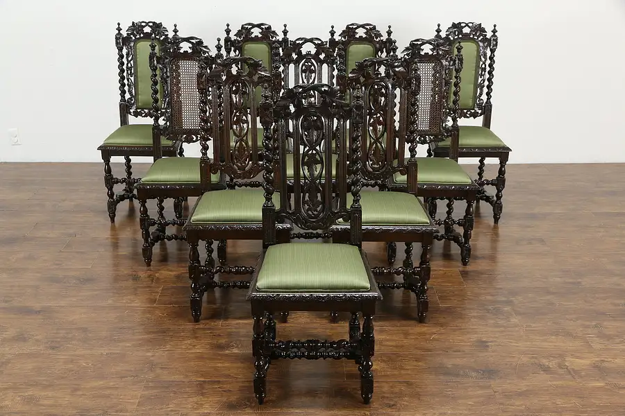 Main image of Set of 10 Antique Black Forest Farmhouse Oak Dining Chairs, Grapevines