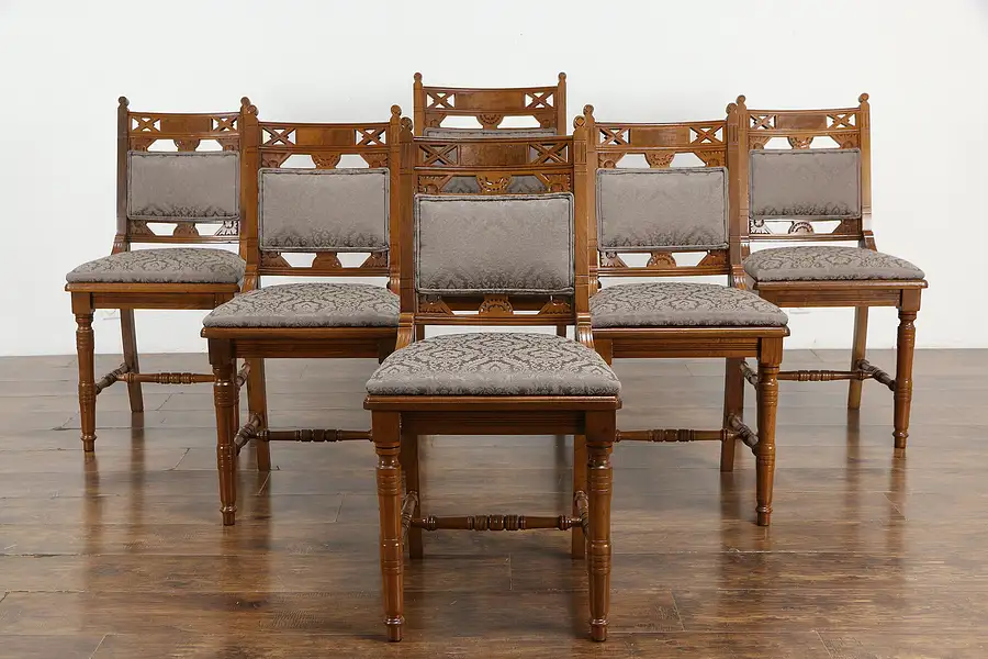 Main image of Victorian Eastlake Antique Set of 6 Walnut Dining Chairs, New Upholstery