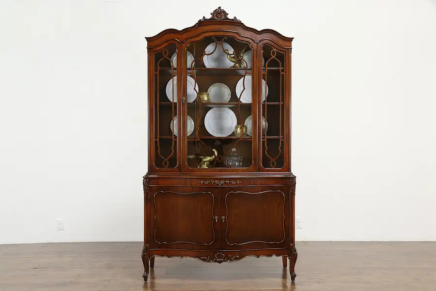 Main image of French Style Vintage Carved Mahogany China Cabinet, Shell Crest