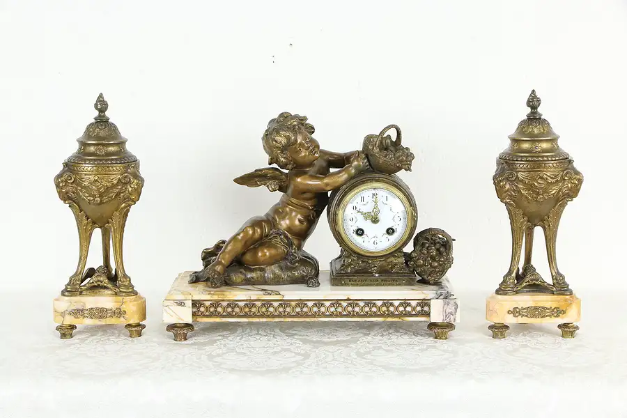 Main image of French 3 Pc Antique Marble Mantel Clock Set, Angel or Cherub Sculpture