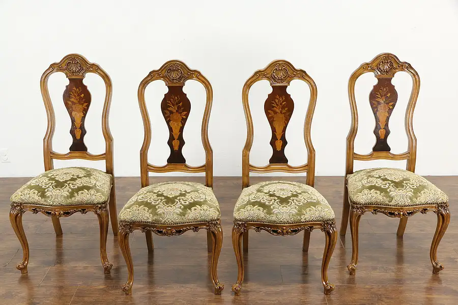 Main image of Set of 4 Antique Carved Italian Marquetry Game or Dining Chairs