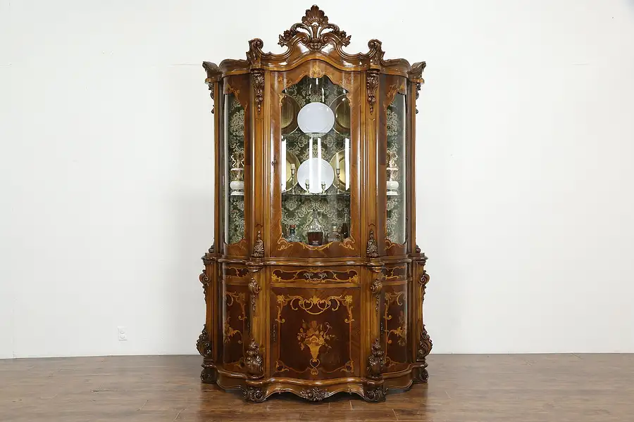 Main image of Baroque Italian Marquetry Carved Vintage China or Curio Display Cabinet