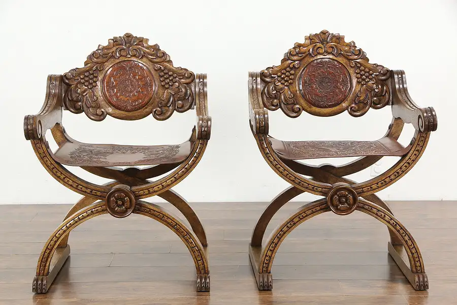 Main image of Pair Spanish Vintage Savonarola Chairs Grape Carved, Tooled Leather