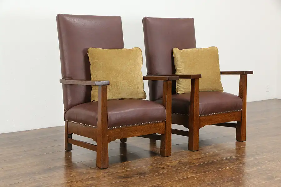 Main image of Arts & Crafts Mission Oak Antique Pair of Large Craftsman Lodge Chairs