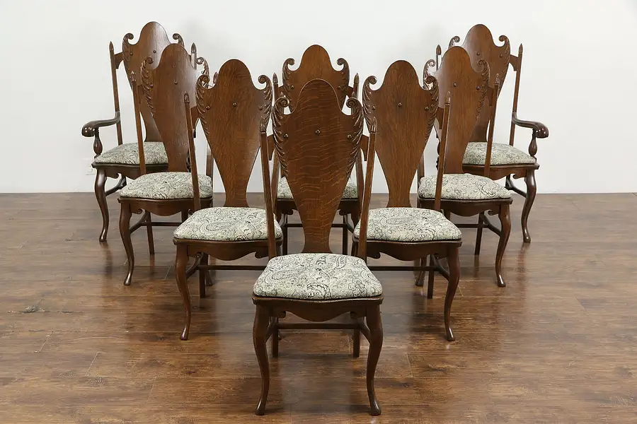 Main image of Set of 8 Art Nouveau Antique Carved Oak Dining Chairs, New Upholstery