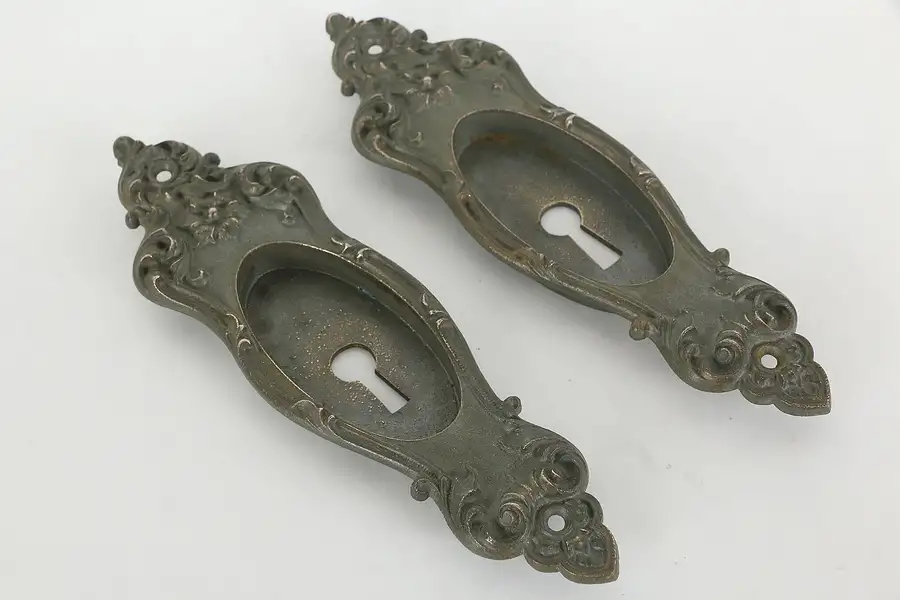 Main image of Victorian Antique Pair of Sliding Pocket Door Plates, Finger Recess