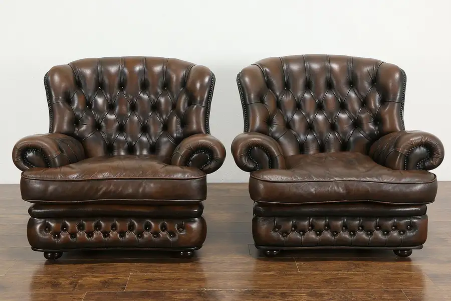 Main image of Pair Vintage Scandinavian Tufted Leather Chesterfield Style Wing Chairs