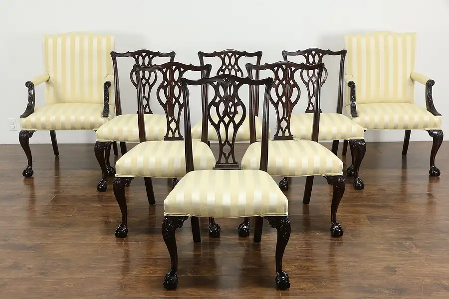 Main image of Set of 8 Georgian Chippendale Vintage Mahogany Dining Chairs, New Fabric