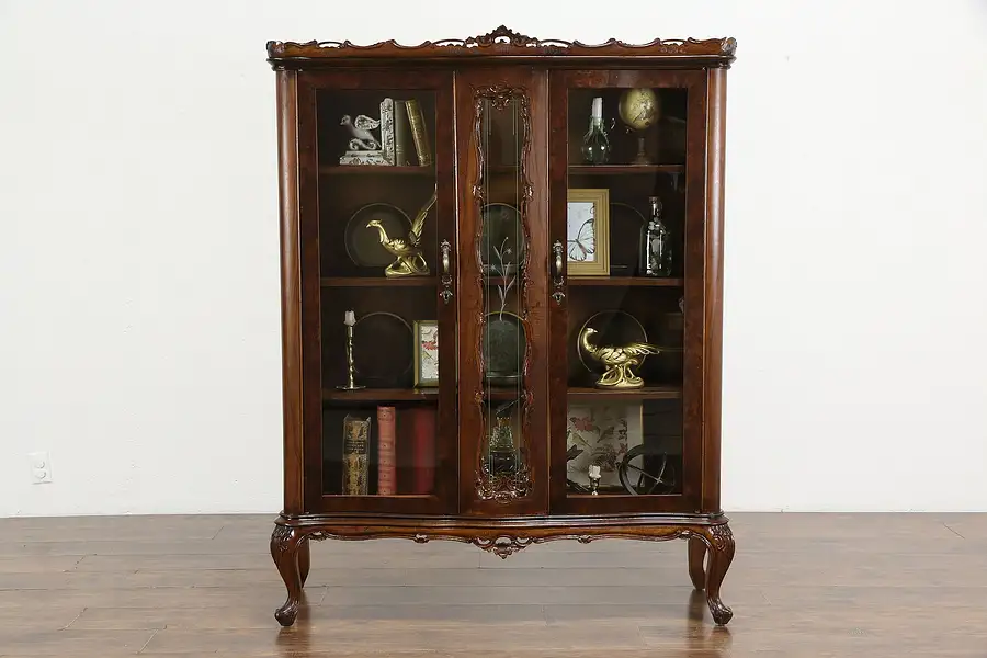 Main image of Walnut & Burl Carved Italian Antique Bookcase, Curio China Cabinet