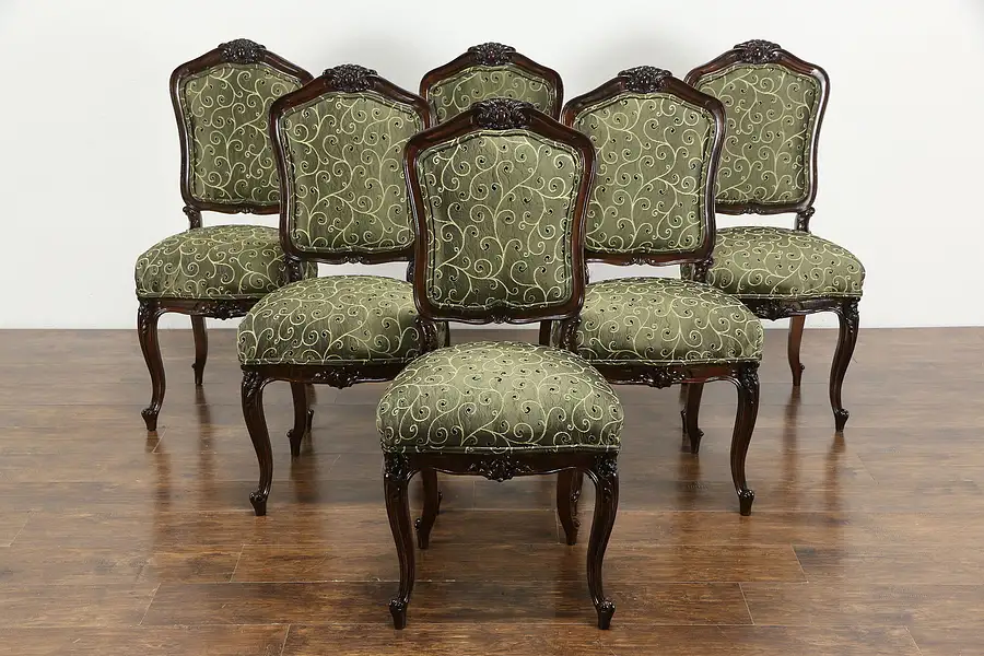 Main image of Set of 6 Hand Carved Walnut Antique Italian Dining Chairs, New Upholstery