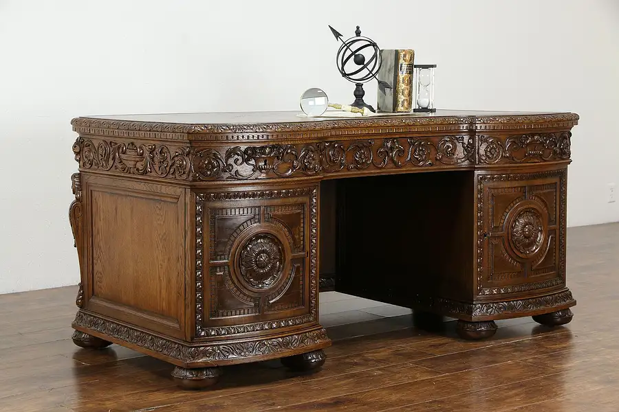 Main image of Classical Oak Hand Carved Antique German Library or Office Desk