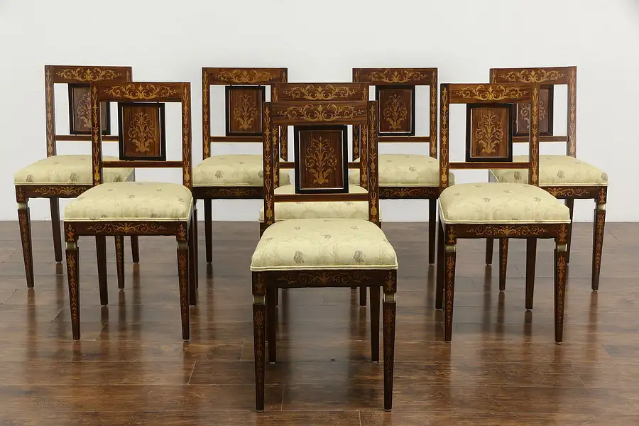 Main image of Set of 8 Rosewood Marquetry Antique Italian Dining Chairs, New Upholstery