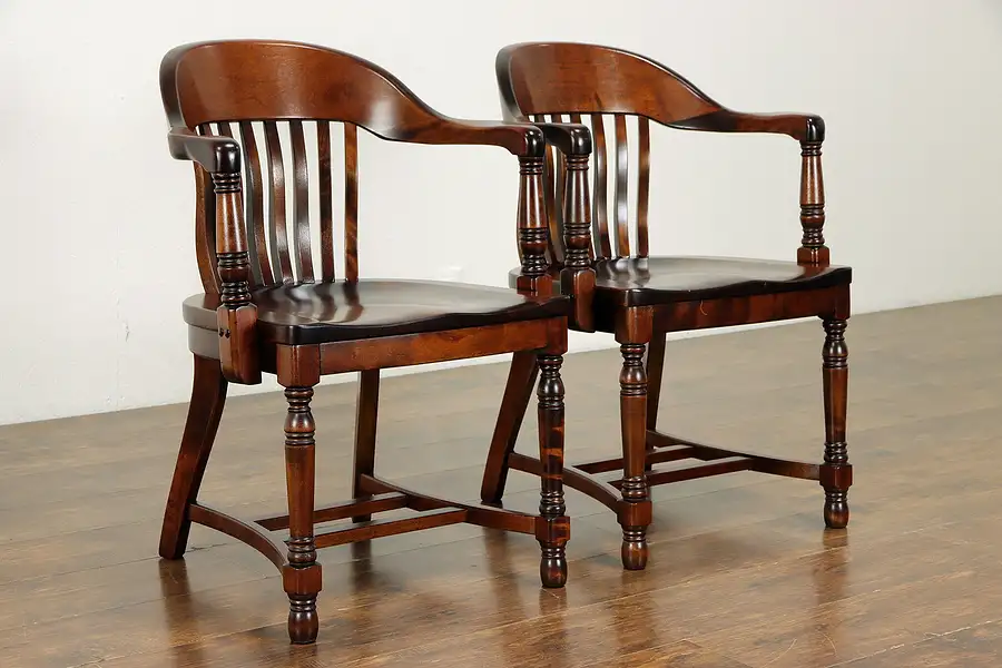 Main image of Pair of 1910 Antique Birch Hardwood Office Banker or Desk Chairs