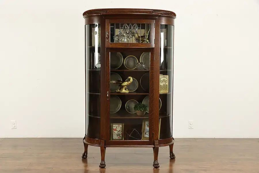 Main image of Victorian Oak Curved & Leaded Glass China or Curio Cabinet, Paw Feet