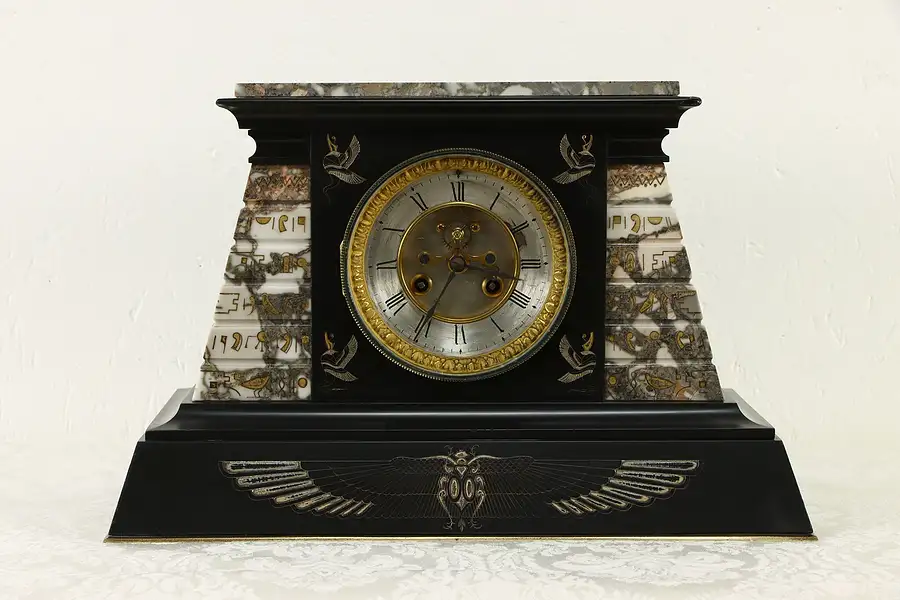 Main image of Egyptian Design Antique Marble Clock, Jeweled Escapement, France